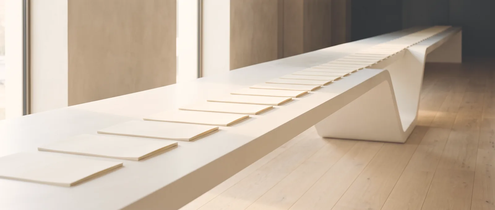 Bureau blanc sculptural sans fin traversé d'une rangée de documents ivoire parfaitement alignés, lumière champagne du matin