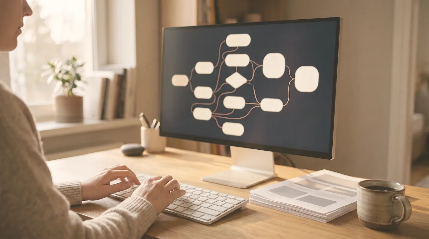 Diagramme de flux d'automatisation affiché à l'écran, mains sur le clavier dans un bureau baigné de lumière chaude