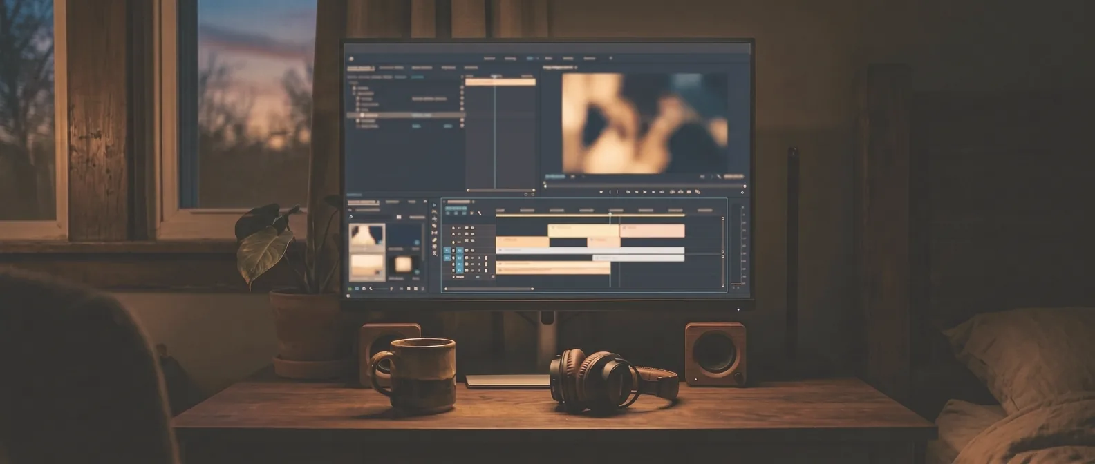 Écran de montage vidéo allumé dans la pénombre chaude d'un studio, casque et tasse posés sur le bureau