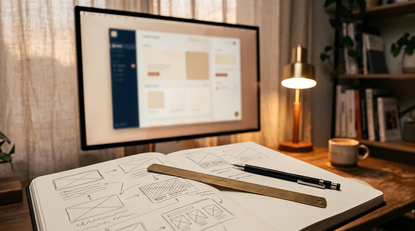 Croquis d'interface au crayon devant un écran affichant la maquette d'une plateforme sur mesure