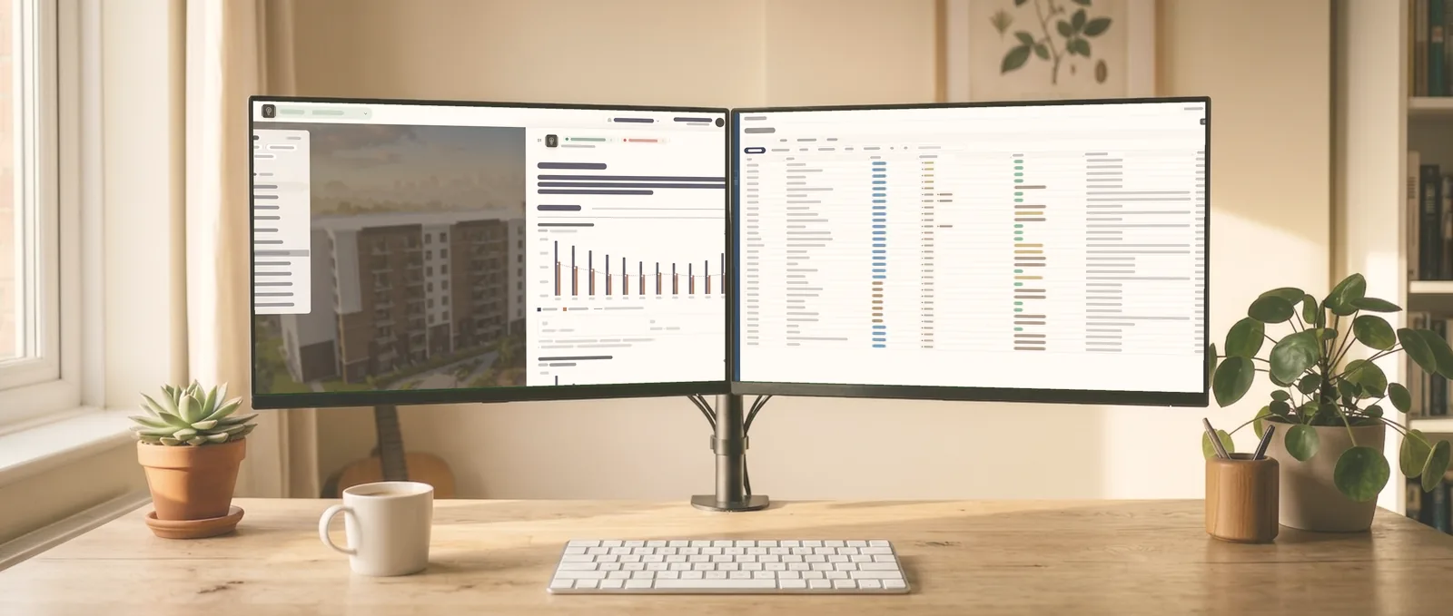 Deux plateformes sur mesure affichées sur deux écrans dans un bureau chaleureux, interfaces réelles anonymisées