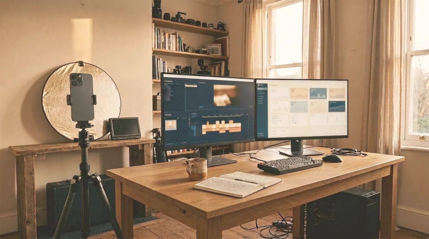 Studio de production dans la lumière dorée : cellulaire sur trépied et deux écrans de travail