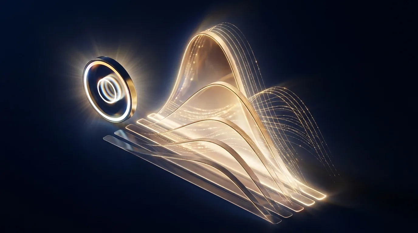 Anneau d'or rayonnant et vagues de verre traversées de filaments lumineux sur fond marine nocturne