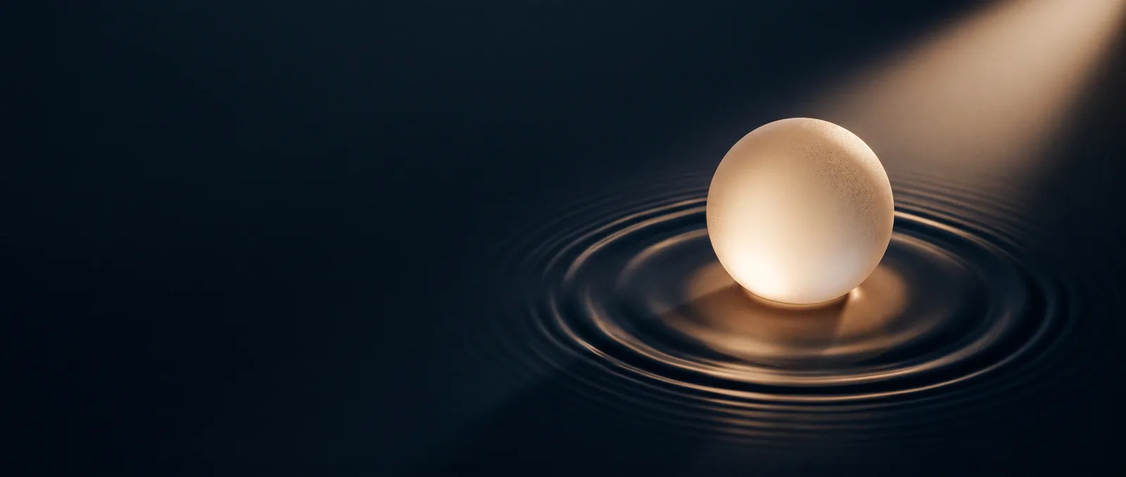 Sphère de verre nacrée lumineuse posée sur une surface marine encre parcourue d'ondes concentriques